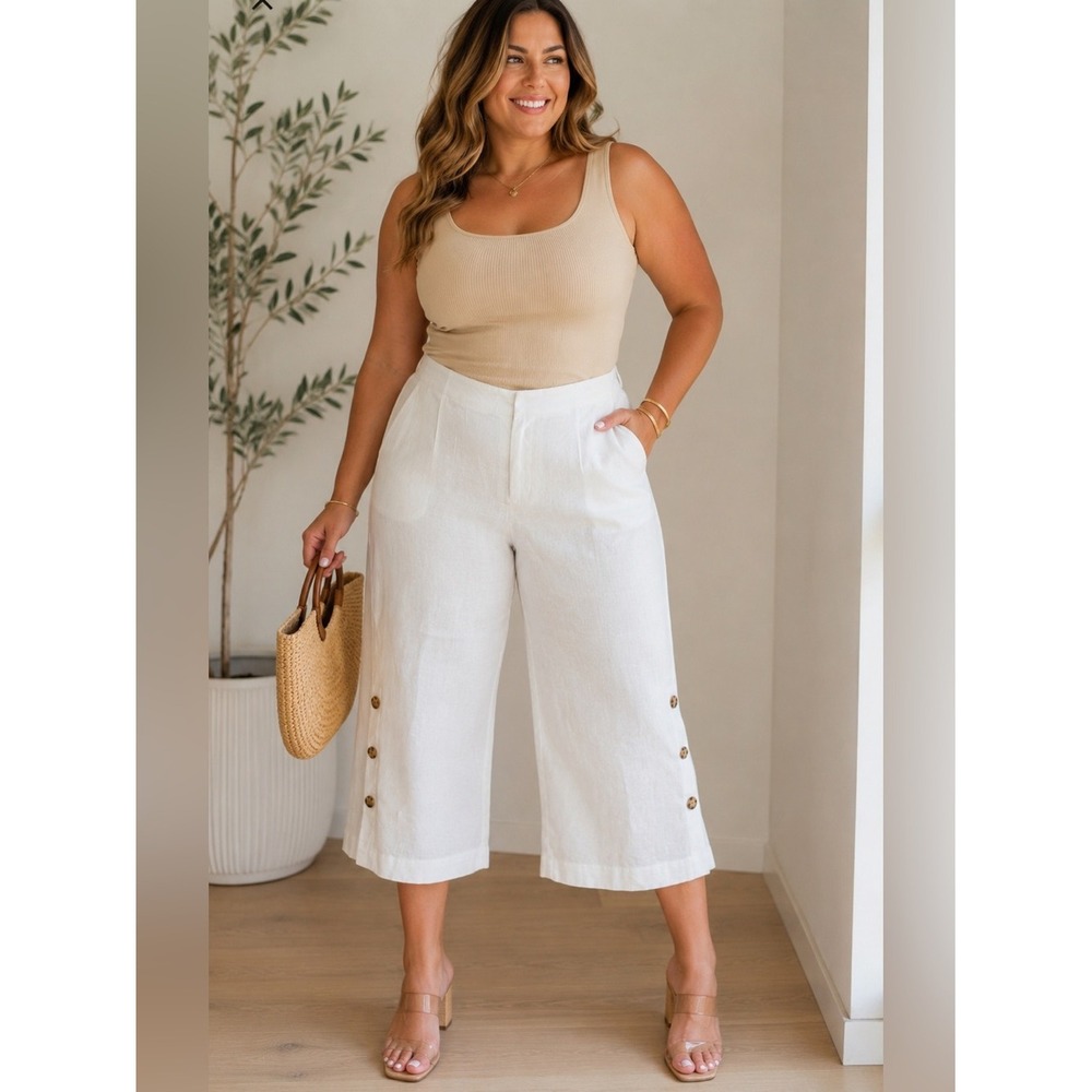 Lafayette 148 New York White Wide-Leg Button-Hem Capri linen pants size 14